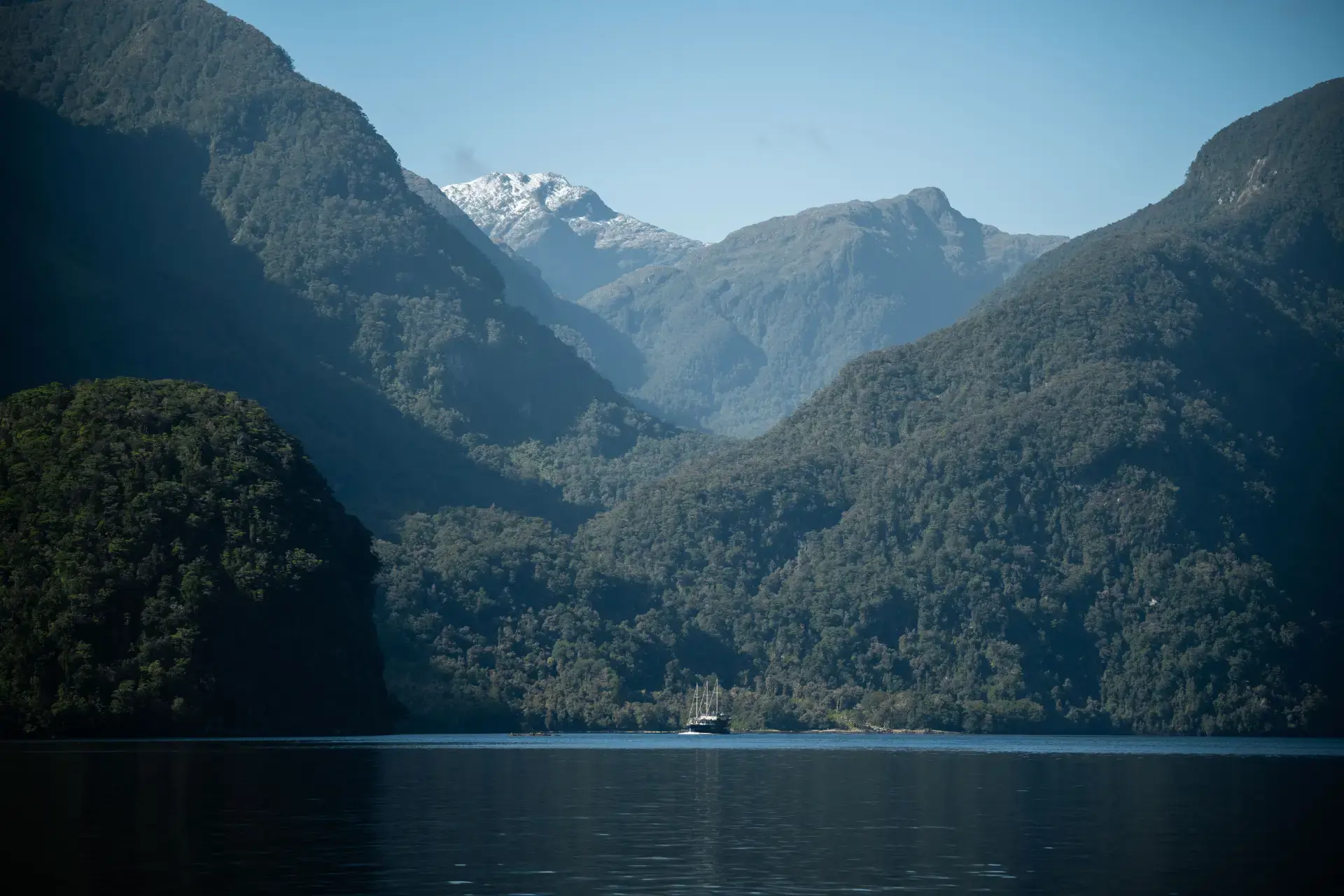 A scenic view of Milford Sound, featuring a calm body of water surrounded by towering forested mountains, with a snow-capped peak visible in the distance. A small cruise vessel, The Mariner, is seen in the fjord, adding a sense of scale to the dramatic landscape.