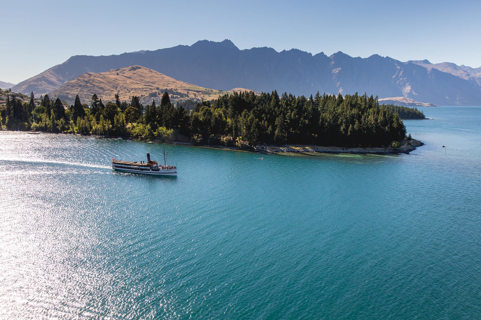 The TSS Earnslaw leaves Steamer Wharf en route to Walter Peak