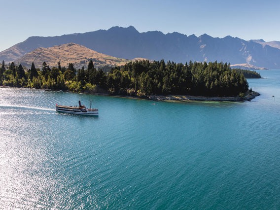 The TSS Earnslaw leaves Steamer Wharf en route to Walter Peak