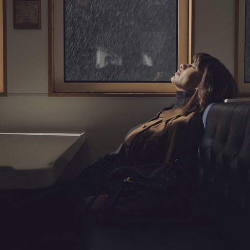 Woman sitting at window enjoying the rain