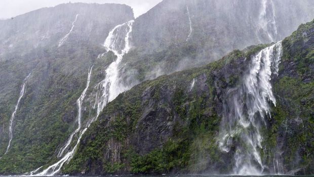 Waterfalls in the rain in Milford Sound