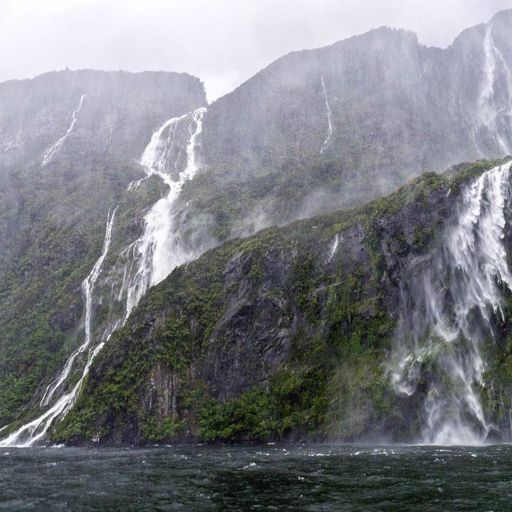 Waterfalls in the rain in Milford Sound