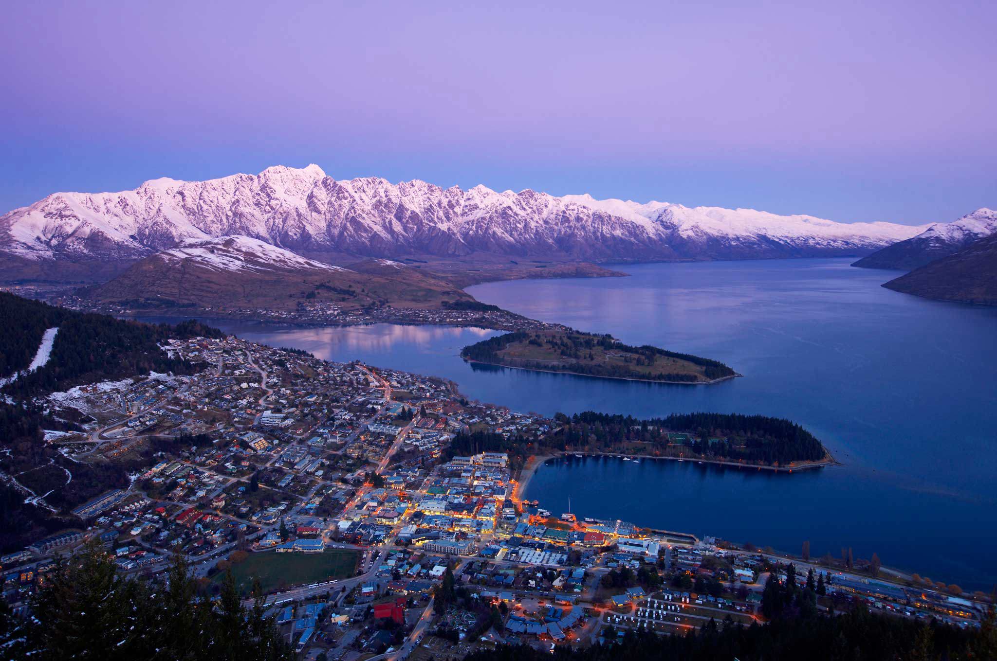 Aerial shot of Queenstown in the winter