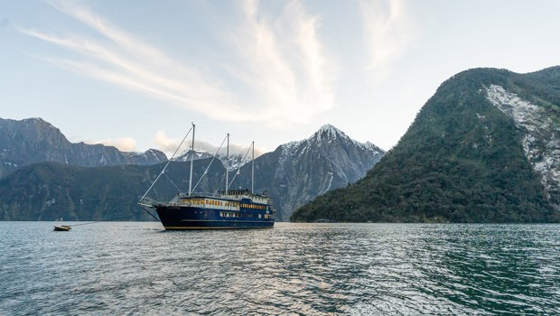 Boat moored in Milford Sound for the night