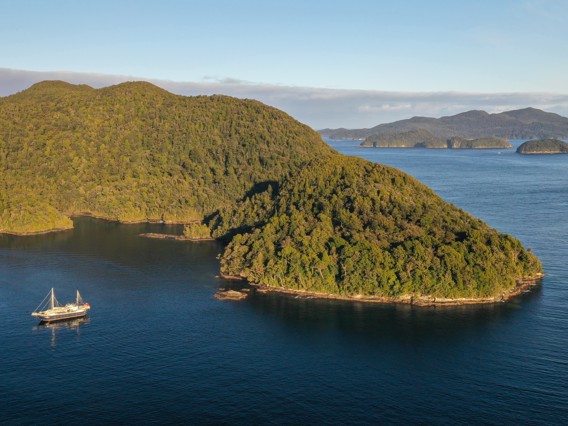 A sail boat cruises on Preservation Inlet on a sunny day