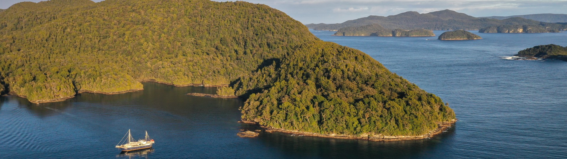 A sail boat cruises on Preservation Inlet on a sunny day