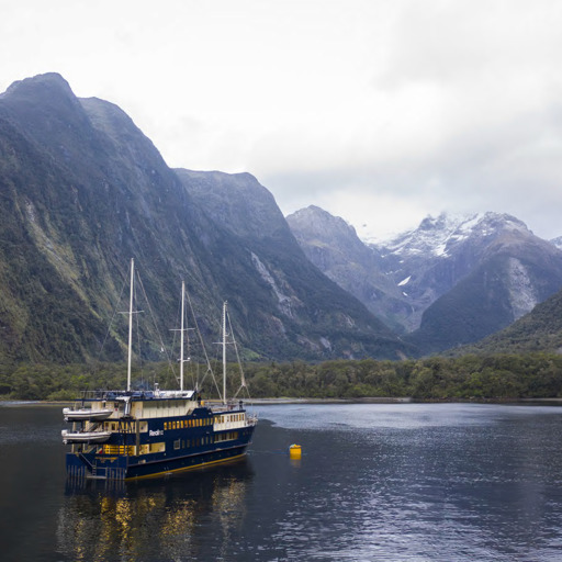 The Milford Mariner vessel cruises through Milford Sound