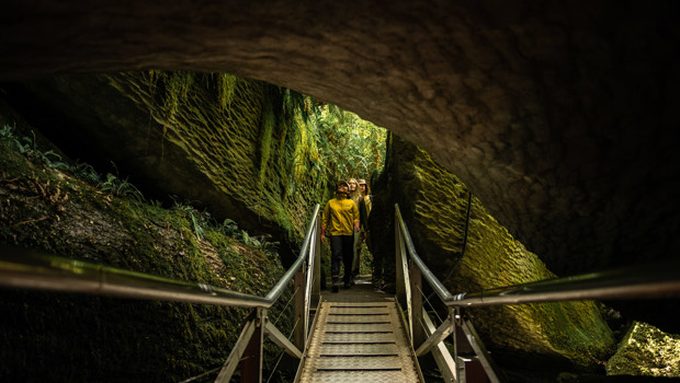 a group of people walking down into the caves