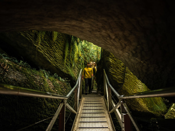 a group of people walking down into the caves