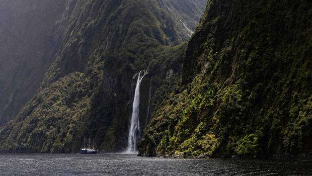 A large sailboat approaches the famous Stirling Falls in Milford Sound, NZ.