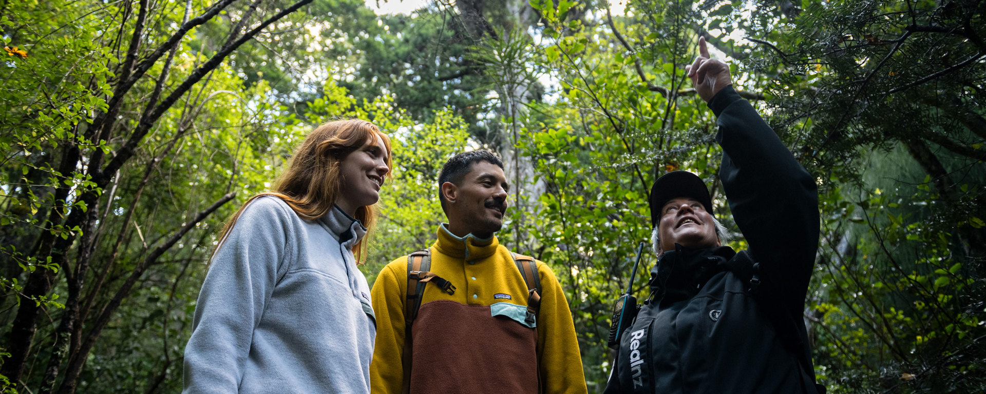 A guide showing a couple around a forest