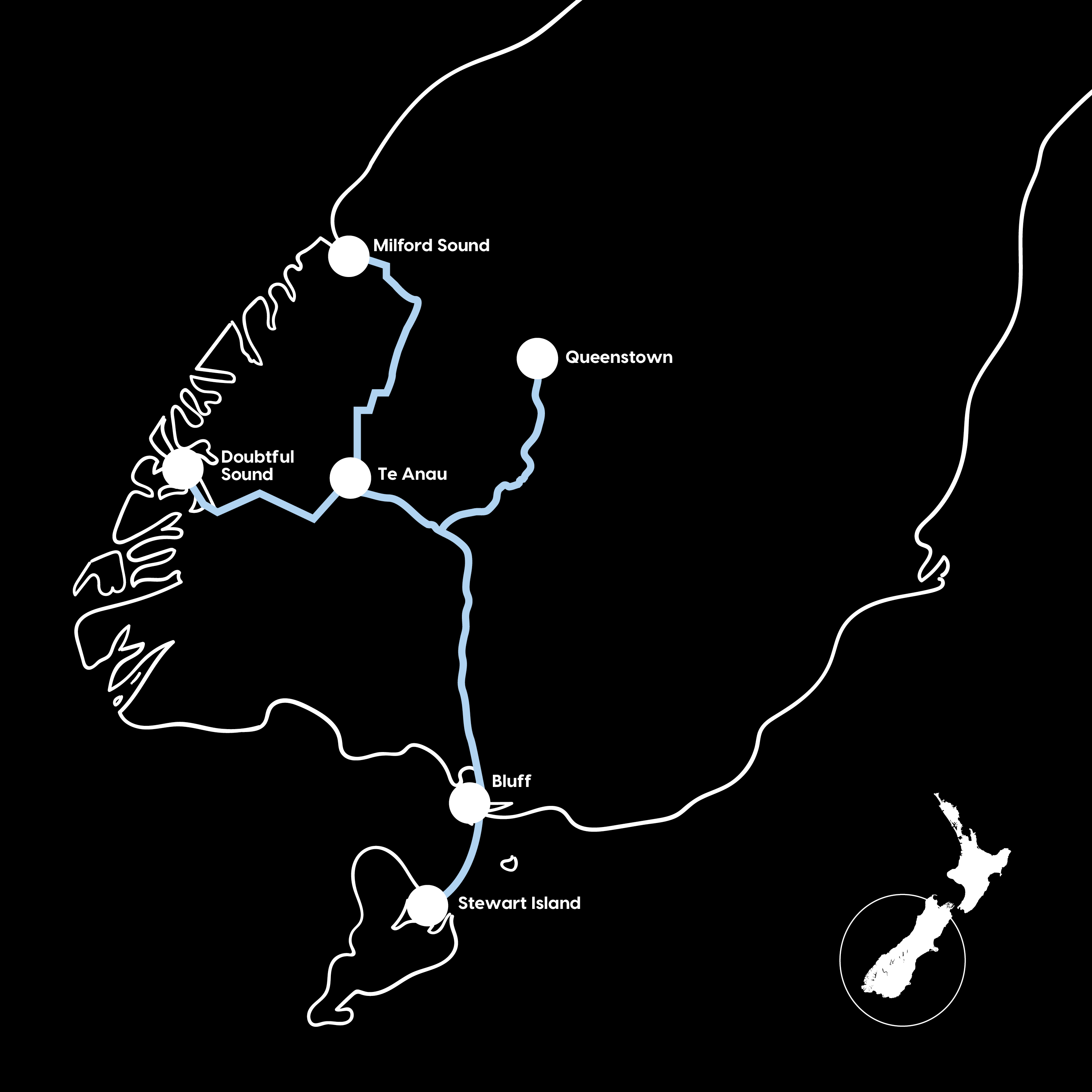 Digital map of the South Island of New Zealand with a line depicting a road to drive with stops including Queenstown, Te Anau, Doubtful Sound, Milford Sound, Bluff and Stewart Island.