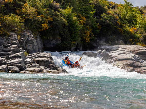 Rafting group tackling white-water rapids surrounded by rocky cliffs and vibrant greenery on the Shotover River in New Zealand.