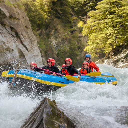 Thrilled rafters splashing through fast-moving rapids surrounded by dramatic cliffs and lush greenery on the Shotover River.