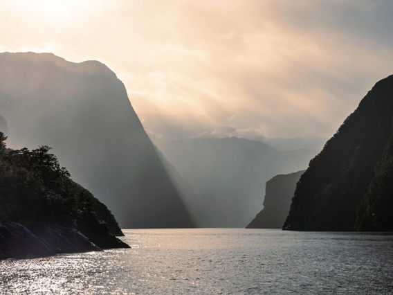 A moody photo of Milford Sound on a rainy day with layers of the towering cliffs showing.