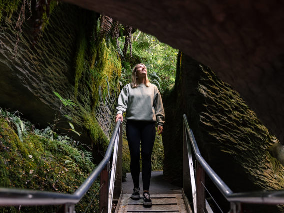 A woman stands on a walkway surrounded by moss-covered rock walls, gazing upward as she enters the lush and enchanting entrance to the Te Anau Glowworm Caves.