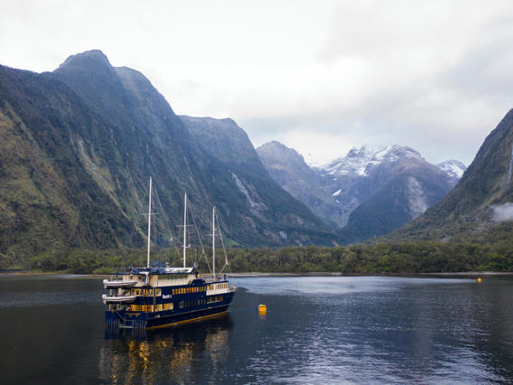 Experience Milford Sound in style aboard the Mariner—your home for an unforgettable overnight adventure surrounded by towering peaks and tranquil waters.